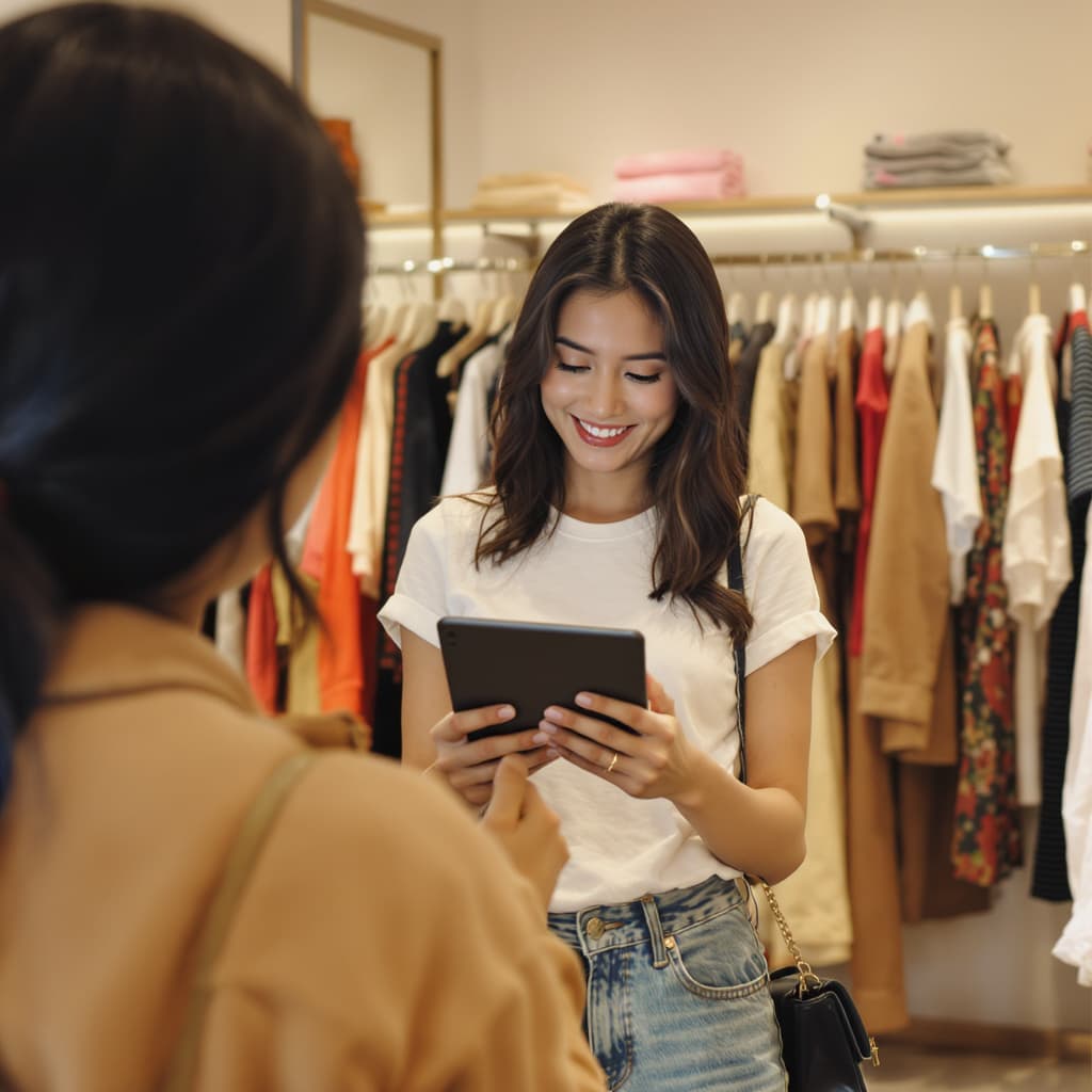 Clients utilisant photobooth WaiBooth dans boutique mode